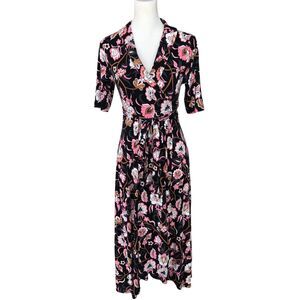 Boden Classic Short Sleeve Colorful Office Knit Jersey Floral Midi Wrap Dress 4P
